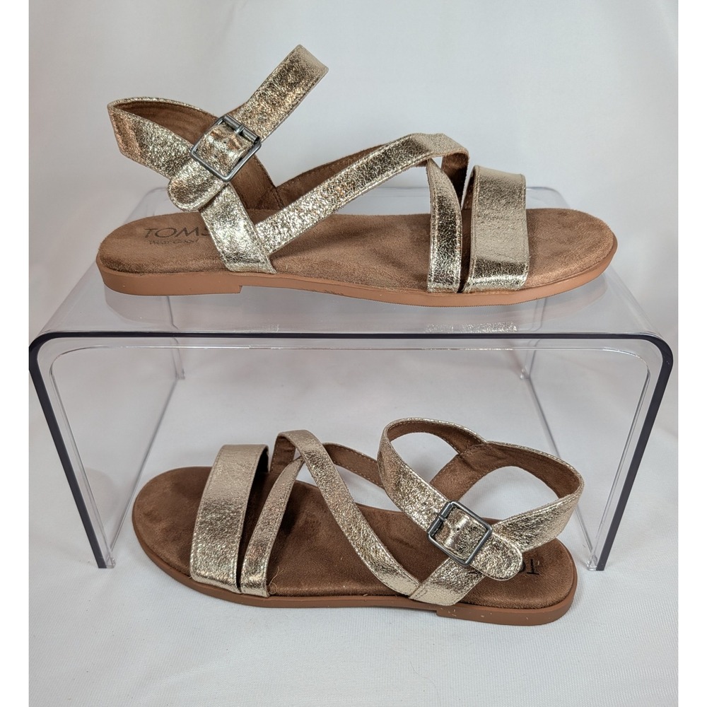 TOMS Sicily Metallic Gold Crackle Flat Strappy Sandals Womens 9